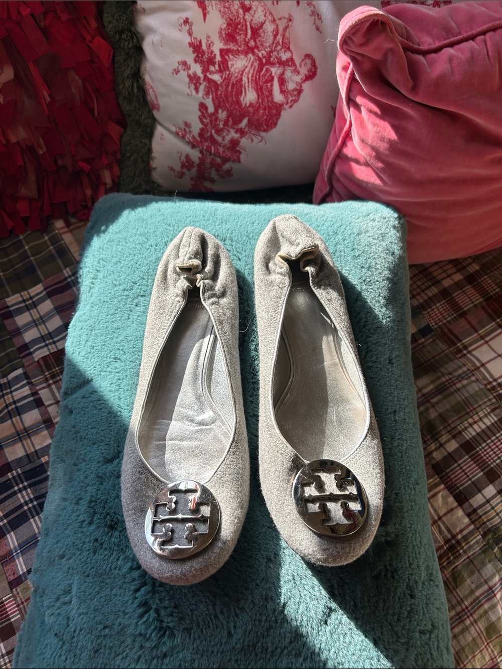 Tory Burch Gray Wool Logo Ballet Flats